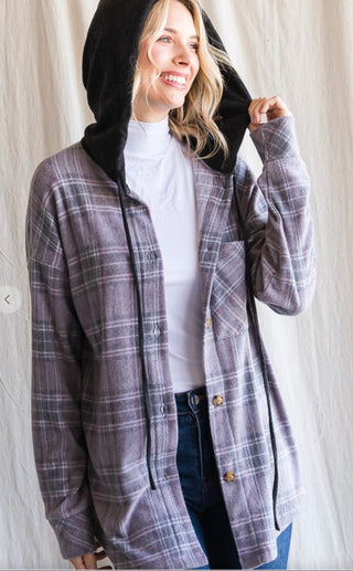 7th Ray Hooded Plaid Shacket Vintage Charcoal Large