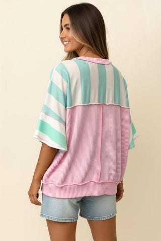 Haptics Flutter Elbow Sleeve Stripe French Terry Top Mint Blush