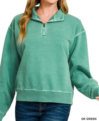 Zenana Pigment Dyed Enzyme Washed Half Zip Pullover DK Green