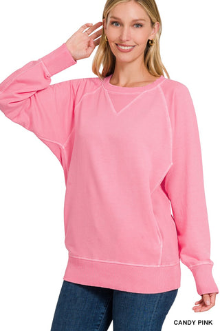 Zenana Pigment Dyed French Terry Pullover with Pockets Candy Pink