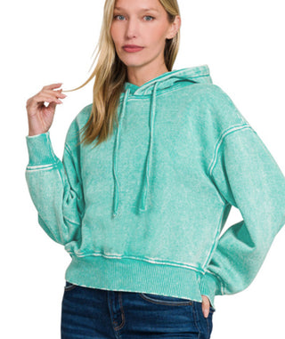 Zenana Acid Wash Fleece Cropped Hoodie Turquoise