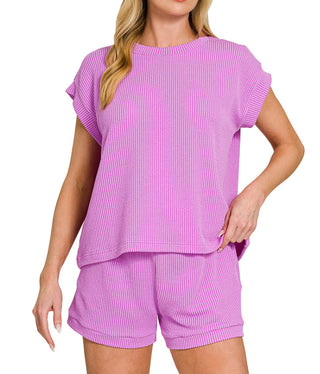 Zenana Raised Rib Cap Sleeve Top & Shorts Set Spring Violet 8623