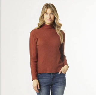 Coco & Carmen Hazel Long Sleeve Ribbed Mock Neck Top Rust