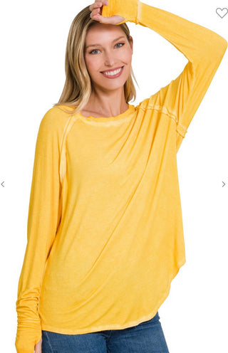 Zenana Washed Scoop Neck Long Sleeve with Thumb Hole Yellow Gold