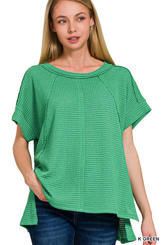 Zenana Brushed Waffle Exposed Seam Short Sleeve Kelly Green