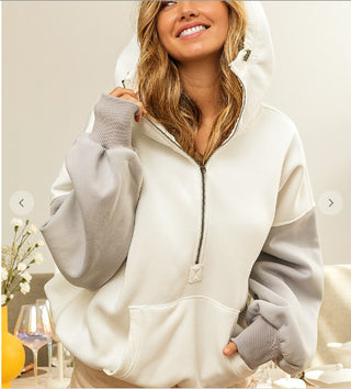 Bibi Color Block Elastic Hem Fleece Hoodie White Multi