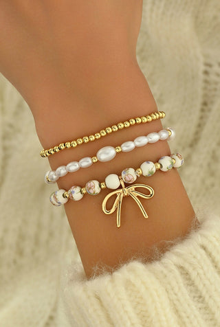 Little Daisy Closet Bow Charm Beaded Triple Layer Bracelet