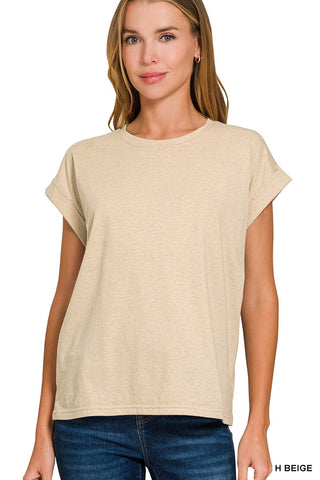 Zenana Folded Sleeve T-Shirt Heather Beige