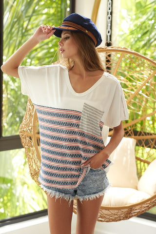 BiBi American Flag Color block Top with Pocket