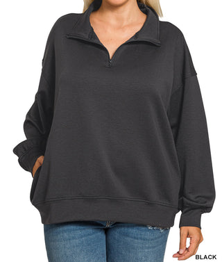 Zenana Scuba Half Zip Pullover with Pockets Black