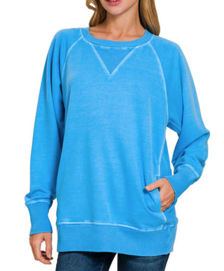 Zenana Pigment Dyed French Terry Pullover with Pockets Ocean Blue