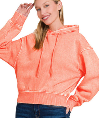 Zenana Acid Wash Fleece Cropped Hoodie Coral