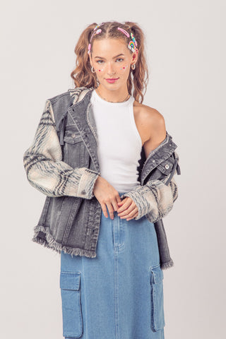 New In Flannel Plaid Sleeve Hooded Washed Denim Jacket Black