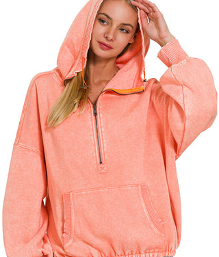 Zenana Fleece Drawstring Hem Half Zip Kangaroo Hoodie Coral