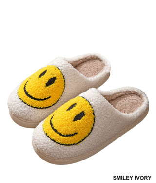 Zenana Soft Plush Cozy Slippers Smiley Ivory