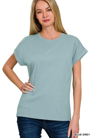 Zenana Folded Sleeve T-Shirt Blue Grey