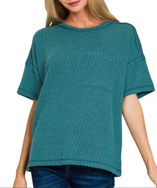 Zenana Raised Rib Exposed Seam Short Sleeve Top Teal
