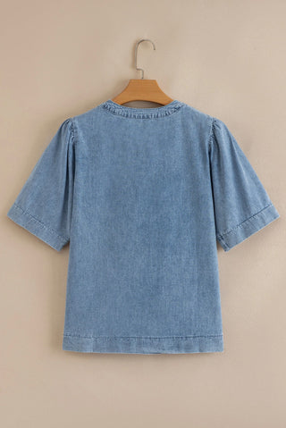 Lovesoft Pintuck Pleats Puff Sleeve V Neck Denim Top
