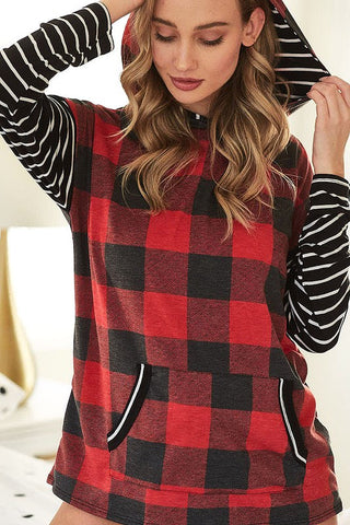 Bibi Buffalo Plaid with Striped Sleeves and Lined Hood