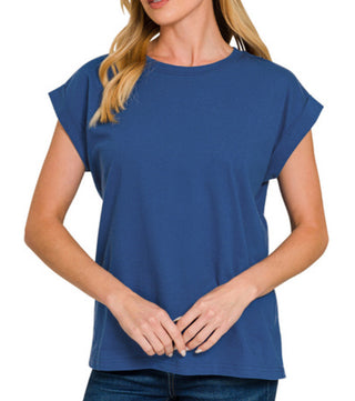 Zenana Cotton Folded Sleeve T-Shirt Light Navy