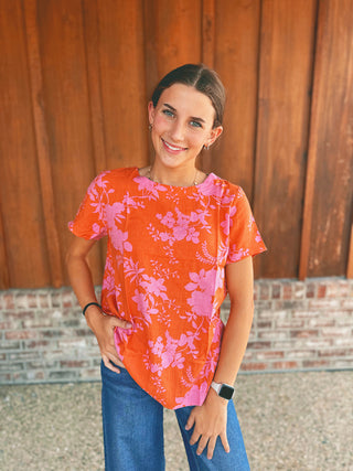 Sew in Love Boxy Top Gauze Floral Print Orange Fuschia