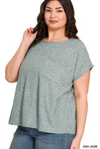 Zenana Melange Hacci Tee with Pocket Ash Jade