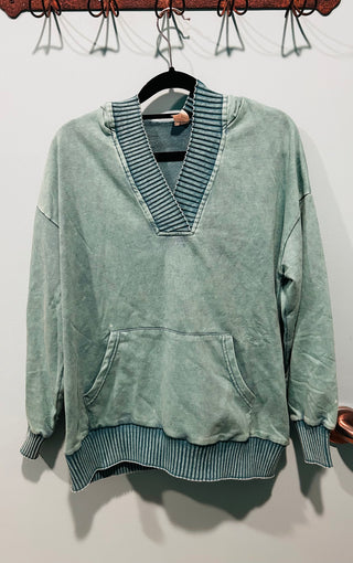 Sew In Love Mineral Wash V-Neck Hoodie Teal