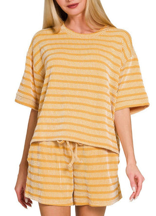 Zenana Raised Ribbed Stripe Tee & Shorts Set Mustard