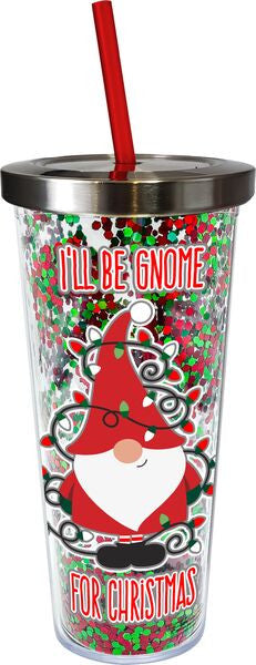 Christmas Gnome Glitter Cup w/Straw