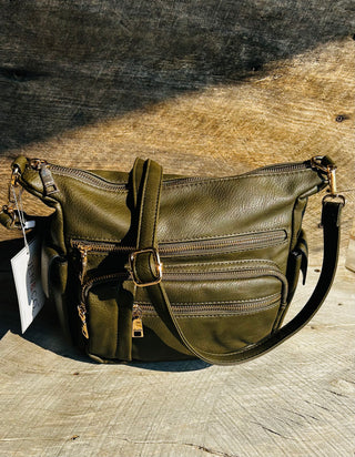 Jen & Co Nicole Multi Zip Crossbody Dark Olive M2677
