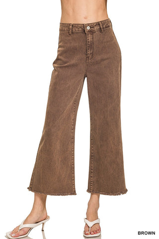 Zenana Acid Wash HW Fray Hem Straight Pants Brown 1854Y