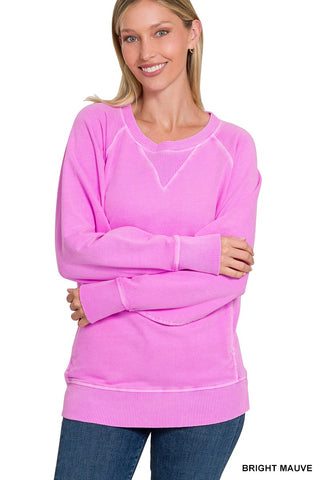 Zenana Pigment Dyed French Terry Pullover with Pockets Bright Mauve