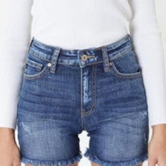 Kancan High-Rise Dark Wash Fray Hem Shorts 8607D