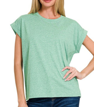 Zenana Folded Sleeve T-Shirt Heather Kelly Green