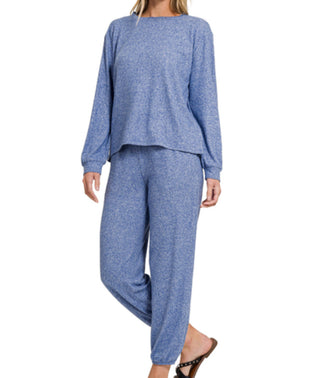 Zenana Hacci Long Sleeve Round Neck Tee & Jogger Set Lt Navy