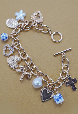 Josslyn Ceramic Porcelain Heart Bow Pearl Charm Bracelet Gold