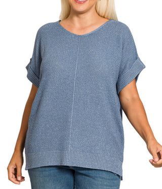 Zenana Center Seam Short Sleeve Sweater Dusty Blue