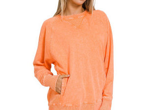 Zenana Acid Washed French Terry Pullover with Pockets Light Orange