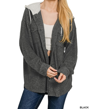 Zenana Brushed Ribbed Button Down Shacket Black