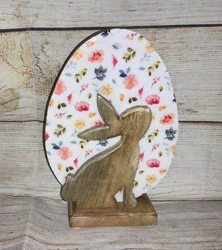 Floral Wooden Egg w/Bunny Tabletop Decor