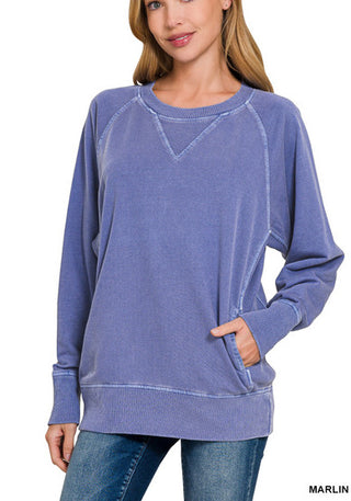 Zenana Pigment Dyed French Terry Pullover with Pockets Marlin