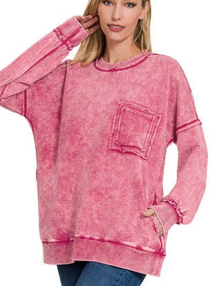 Zenana Acid Wash Raw Edge Pullover Front Pocket Ash Pink
