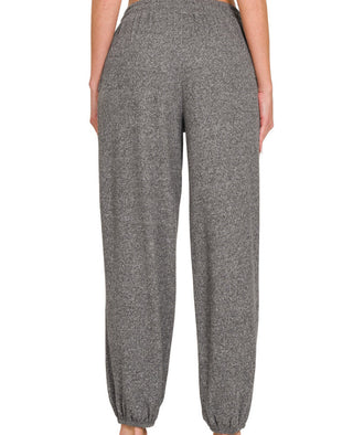 Zenana Soft Melange Hacci Tie Front Joggers Black