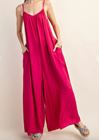 Kori America Satin Side Pocket Loose Fit Jumpsuit Hot Pink