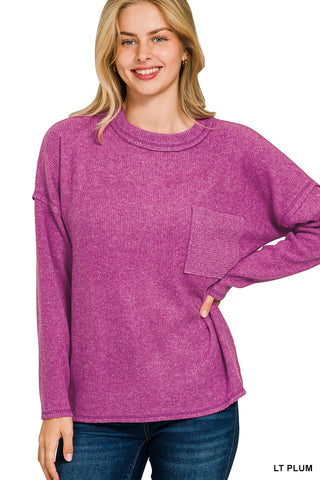 Zenana Ribbed Brushed Melange Hacci Sweater with Pocket Lt Plum
