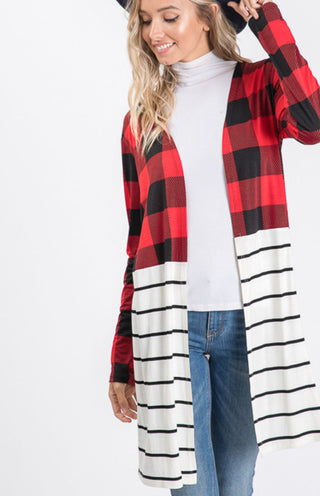Stripe And Plaid Open Cardigan