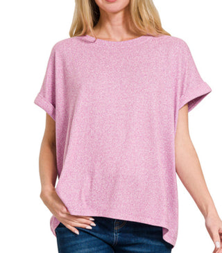 Zenana Soft Melange Hacci Short Sleeve Top Bright Mauve