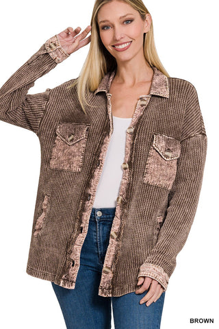 Zenana Cotton Waffle Acid Wash Shacket Brown