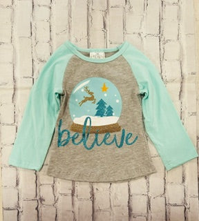 Girls Christmas Raglan Tee Snow Globe  Believe