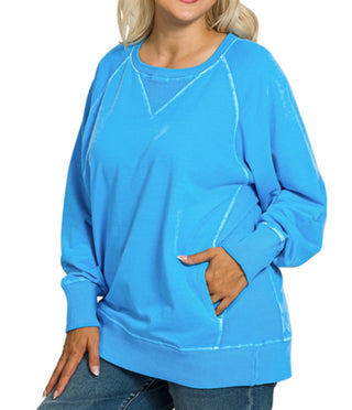 Zenana Pigment Dyed French Terry Pullover with Pockets Ocean Blue